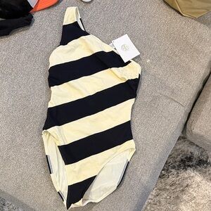 Tory Burch Black and Cream Striped Swimsuit